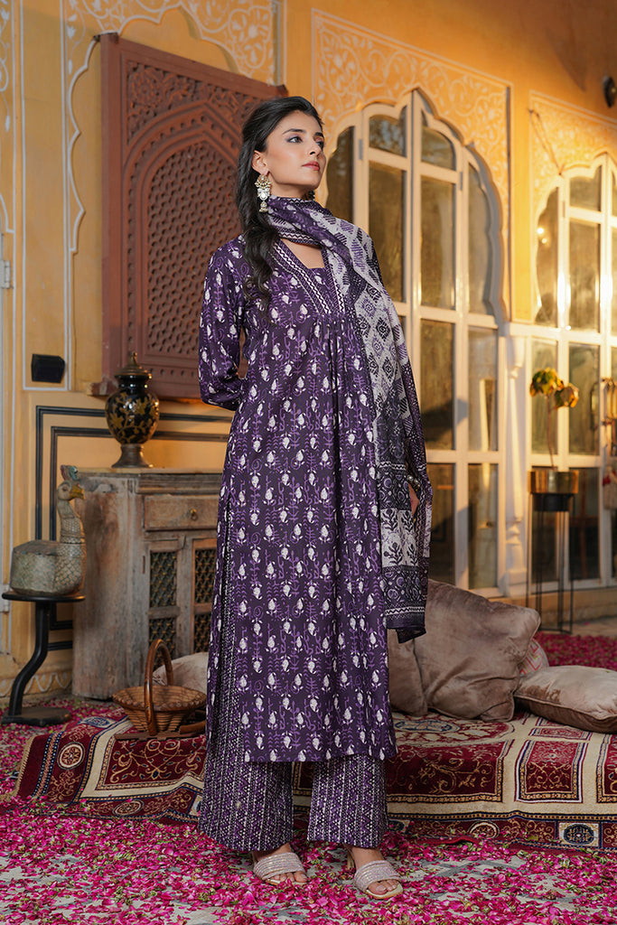 Purple Rayon Blend Batik Printed Straight Kurta Palazzo With Dupatta SETVKSKD2370 (M To 3XL Set)