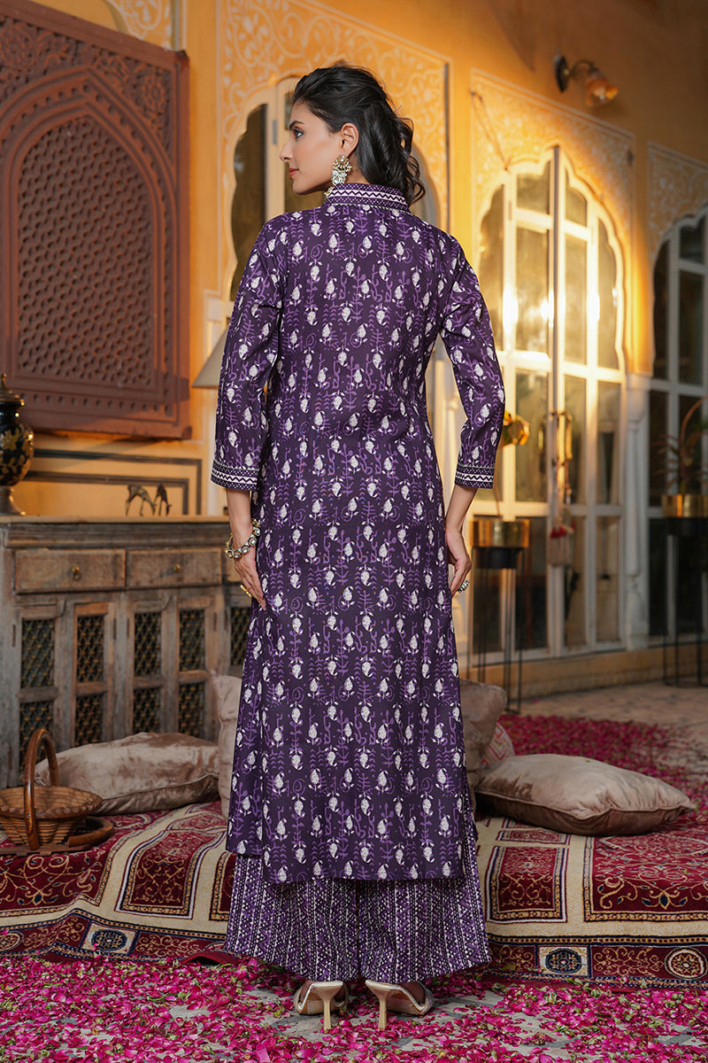 Purple Rayon Blend Batik Printed Straight Kurta Palazzo With Dupatta VKSKD2370