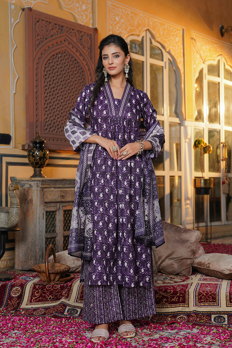 Purple Rayon Blend Batik Printed Straight Kurta Palazzo With Dupatta SETVKSKD2370 (M To 3XL Set)