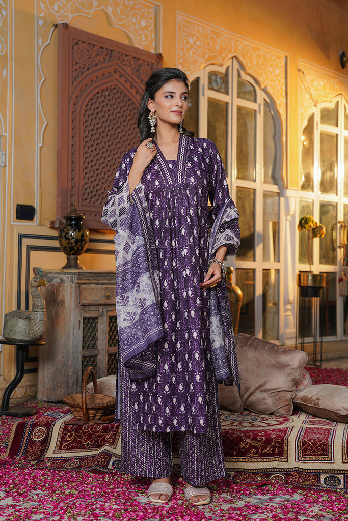 Purple Rayon Blend Batik Printed Straight Kurta Palazzo With Dupatta VKSKD2370