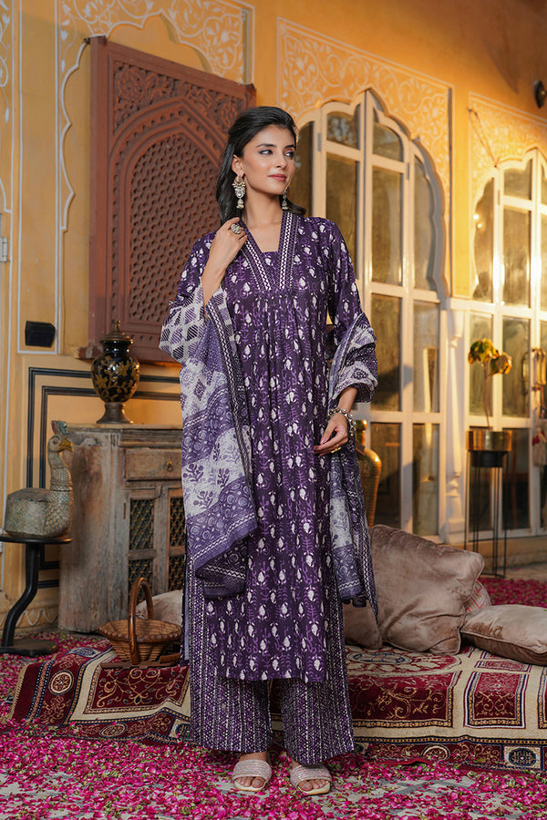 Purple Rayon Blend Batik Printed Straight Kurta Palazzo With Dupatta VKSKD2370