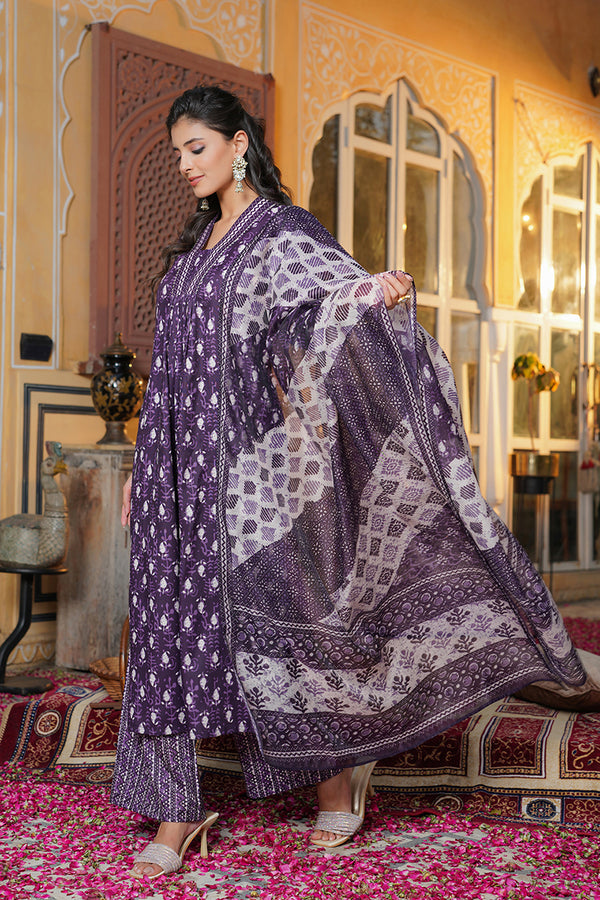 Purple Rayon Blend Batik Printed Straight Kurta Palazzo With Dupatta VKSKD2370