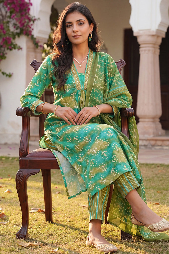 Teal Green Rayon Blend Ethnic Motifs Printed Straight Kurta Palazzos With Dupatta VKSKD2371