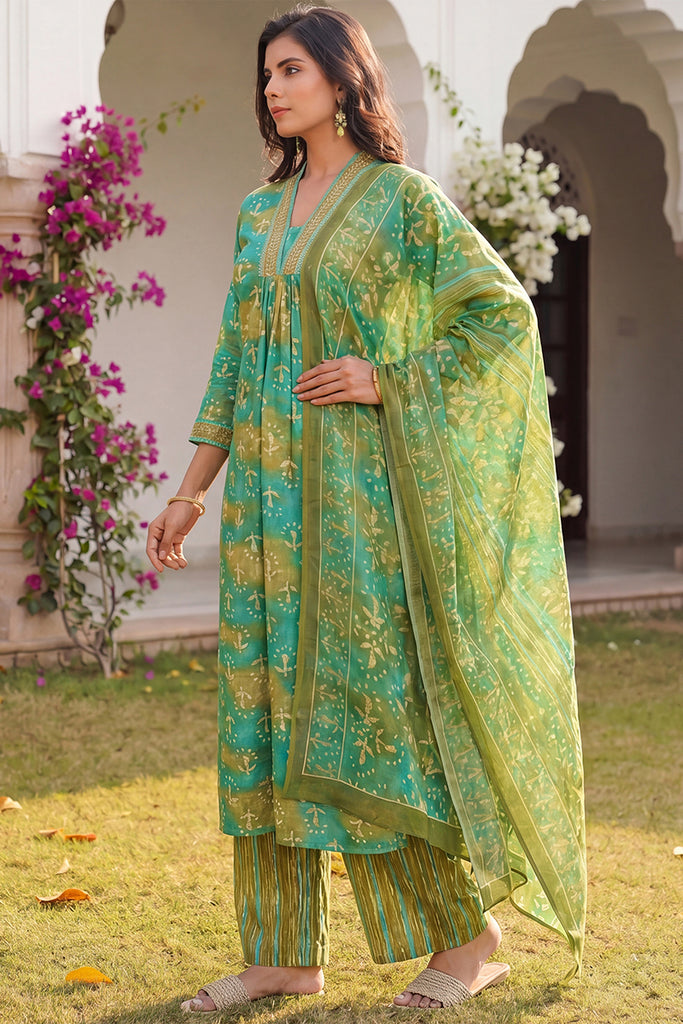 Teal Green Rayon Blend Ethnic Motifs Printed Straight Kurta Palazzos With Dupatta VKSKD2371