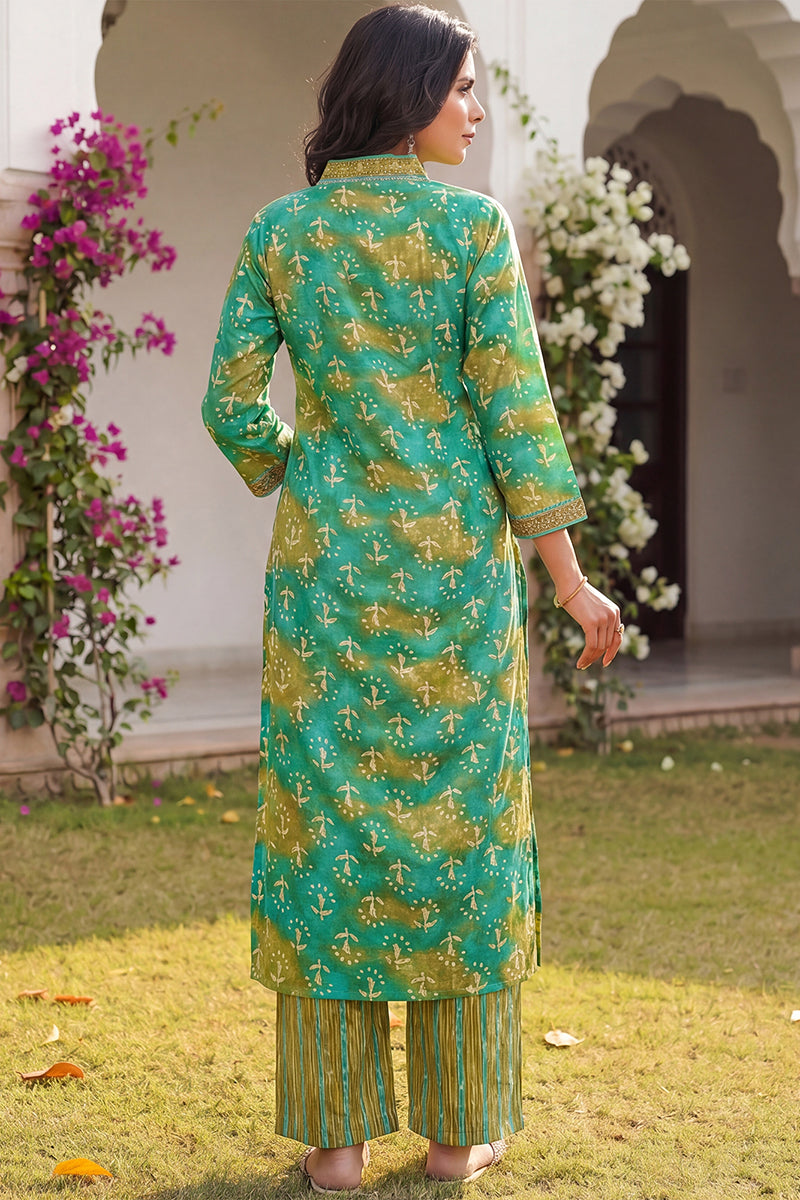 Teal Green Rayon Blend Ethnic Motifs Printed Straight Kurta Palazzos With Dupatta VKSKD2371