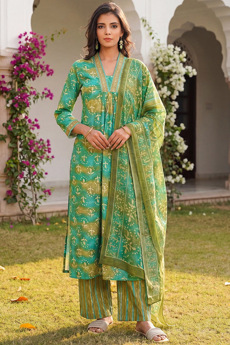 Teal Green Rayon Blend Ethnic Motifs Printed Straight Kurta Palazzos With Dupatta VKSKD2371