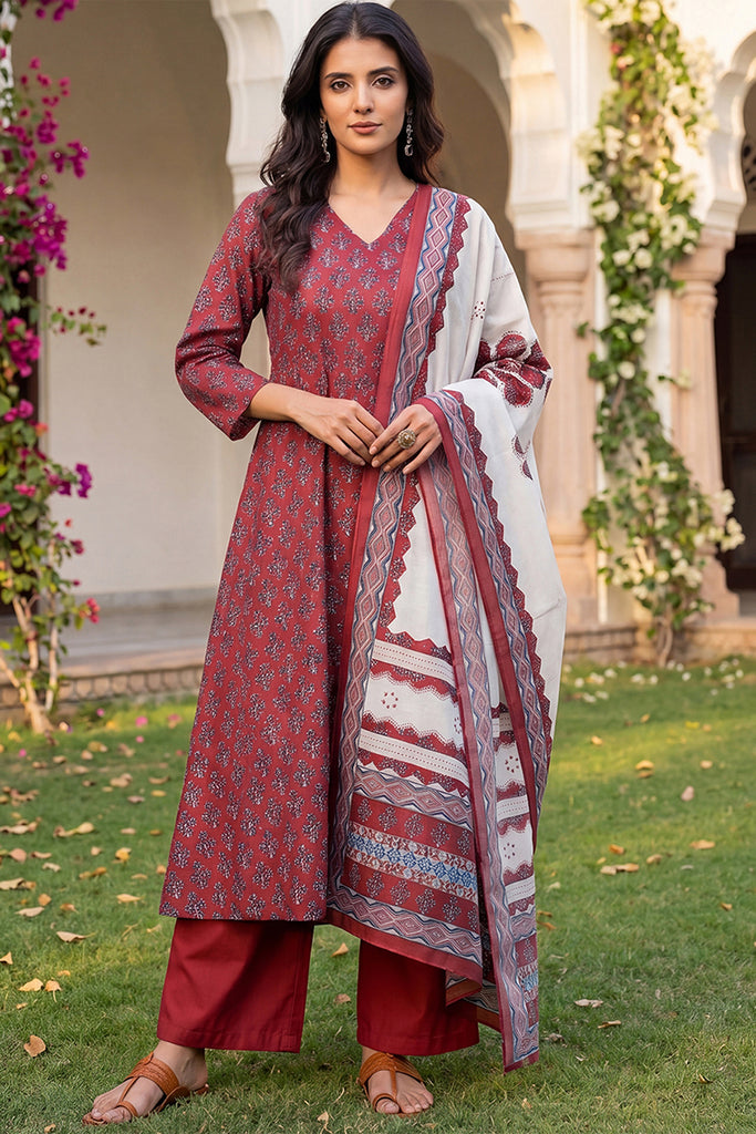 Maroon Rayon Blend Floral Printed A-Line Kurta Palazzo With Dupatta VKSKD2373
