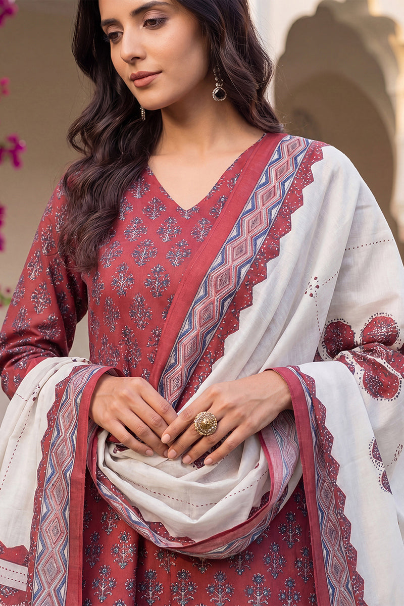 Maroon Rayon Blend Floral Printed A-Line Kurta Palazzo With Dupatta VKSKD2373