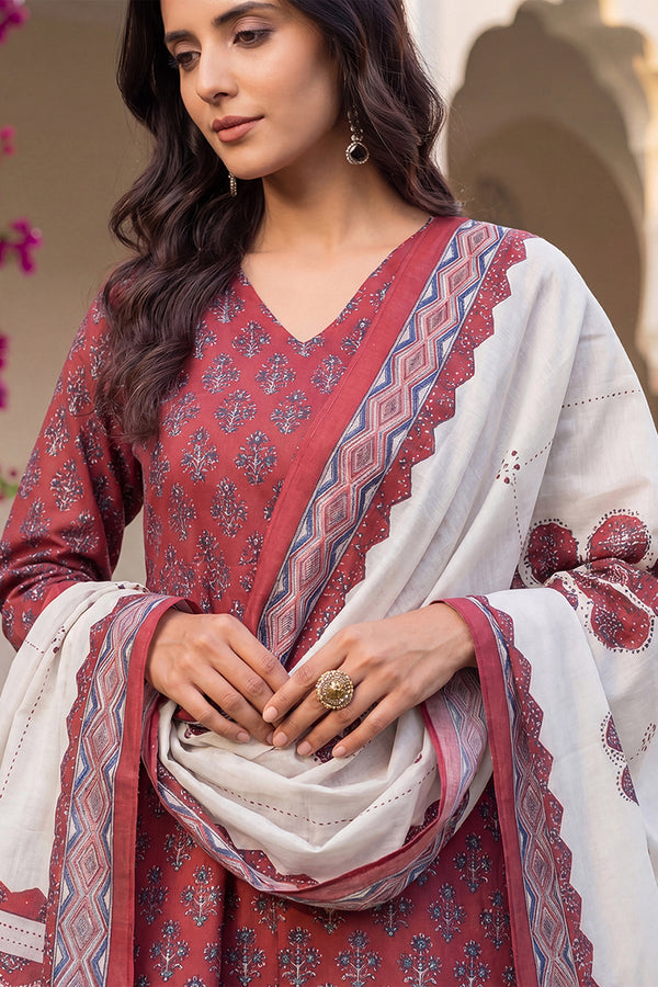 Maroon Rayon Blend Floral Printed A-Line Kurta Palazzo With Dupatta VKSKD2373