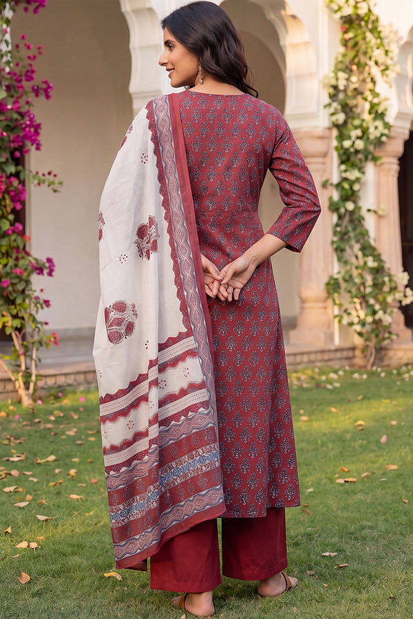 Maroon Rayon Blend Floral Printed A-Line Kurta Palazzo With Dupatta VKSKD2373