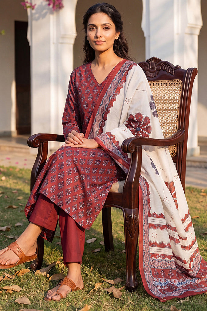 Maroon Rayon Blend Floral Printed A-Line Kurta Palazzo With Dupatta VKSKD2373