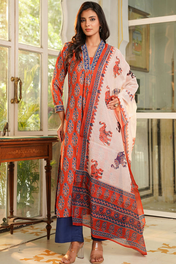 Orange Rayon Blend Floral Printed Straight Kurta Palazzos With Dupatta VKSKD2374