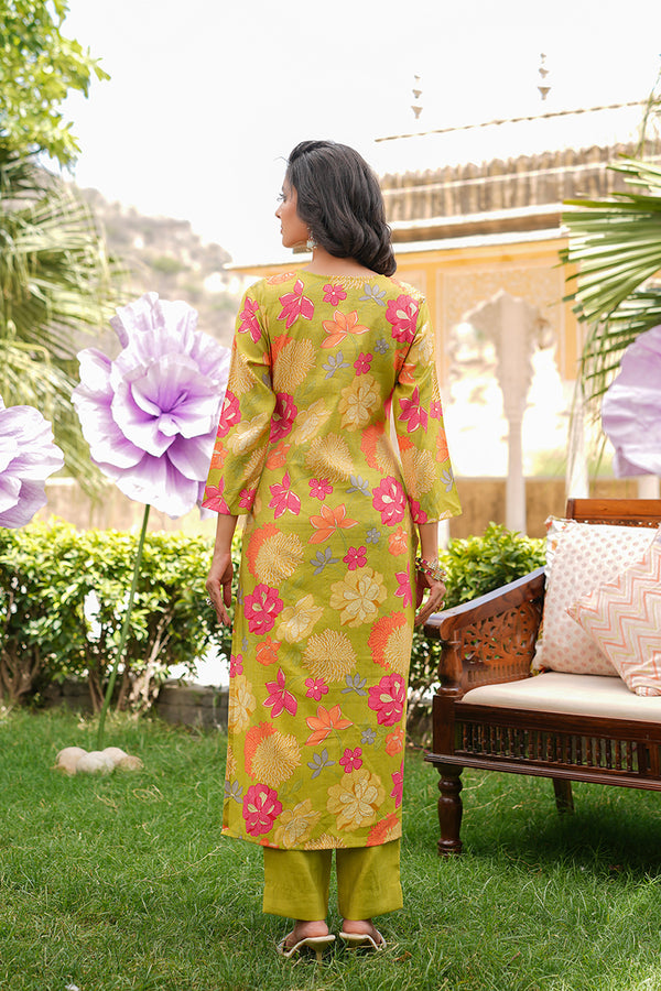 Lime Green Viscose Rayon Floral Embroidered Straight Kurta Trousers With Dupatta VKSKD2375