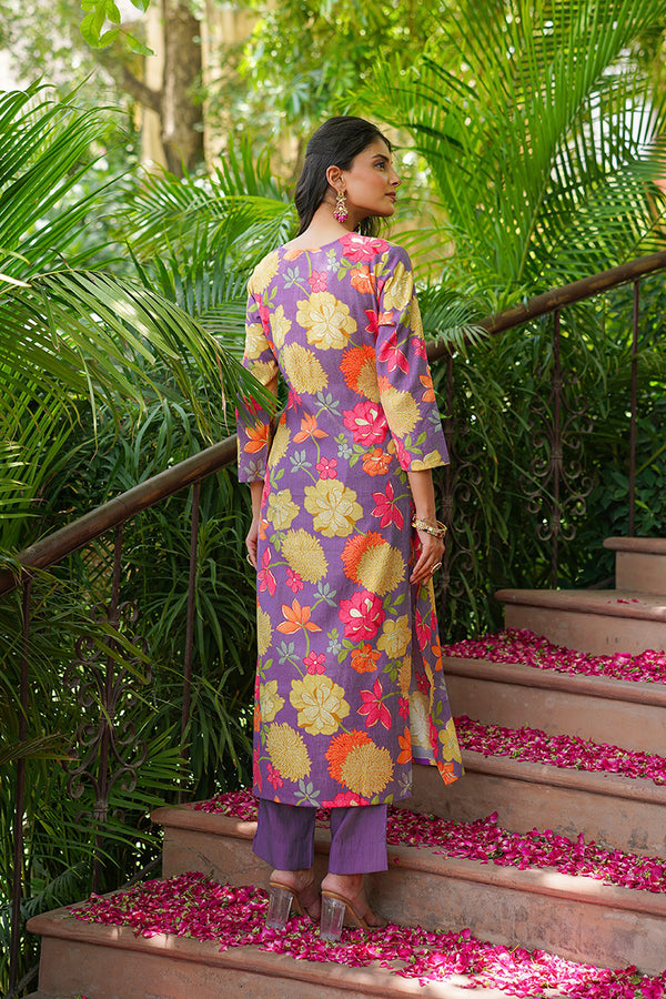 Purple Viscose Rayon Floral Embroidered Straight Kurta Trousers With Dupatta VKSKD2376