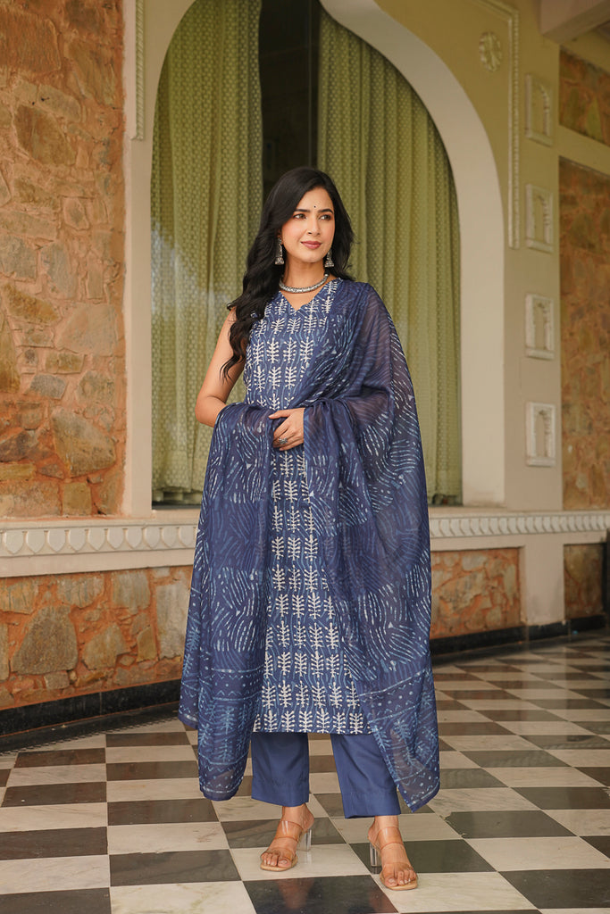 Blue Cotton Blend Printed Straight Kurta Trousers With Dupatta VKSKD2392