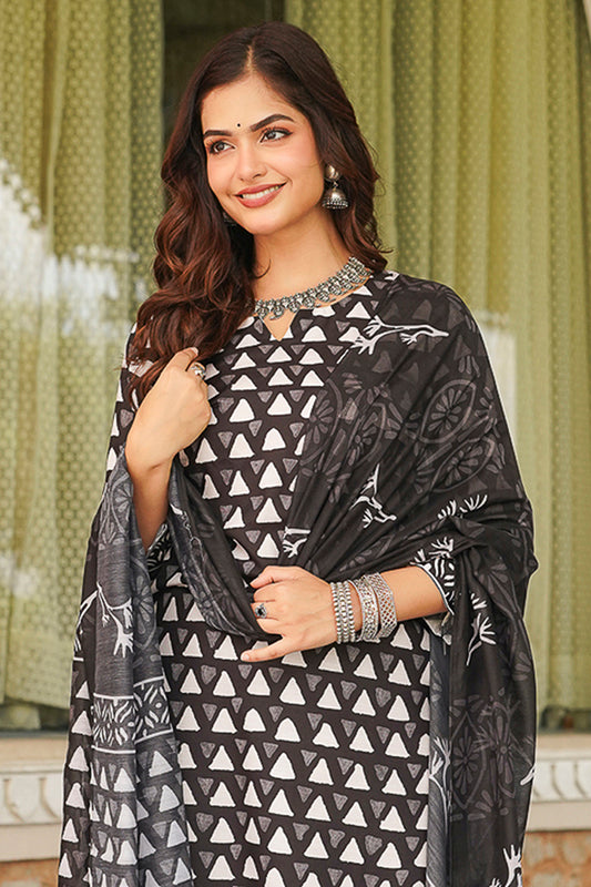 Black Cotton Blend Geometric Printed Straight Kurta Trousers With Dupatta VKSKD2393