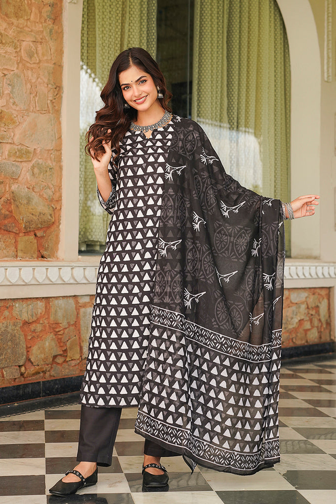 Black Cotton Blend Geometric Printed Straight Kurta Trousers With Dupatta VKSKD2393