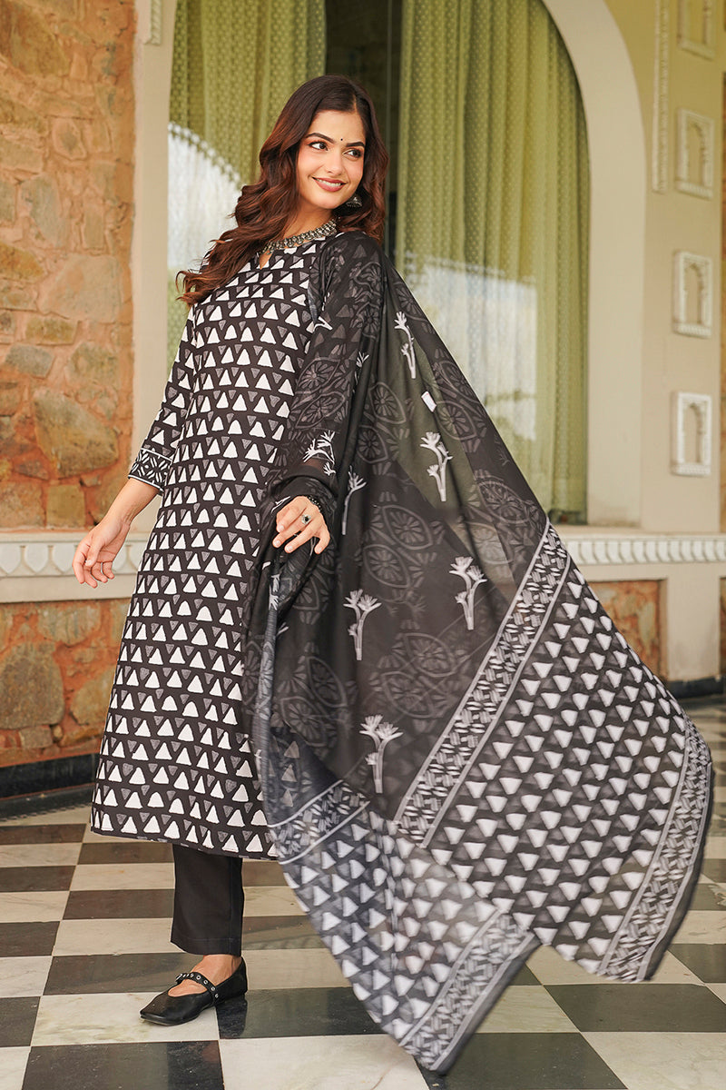 Black Cotton Blend Geometric Printed Straight Kurta Trousers With Dupatta VKSKD2393