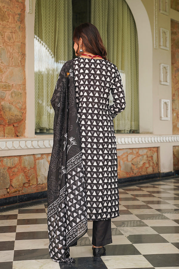 Black Cotton Blend Geometric Printed Straight Kurta Trousers With Dupatta VKSKD2393