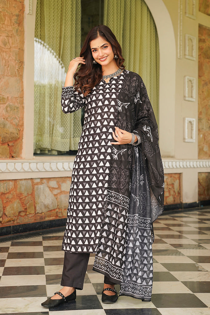 Black Cotton Blend Geometric Printed Straight Kurta Trousers With Dupatta VKSKD2393