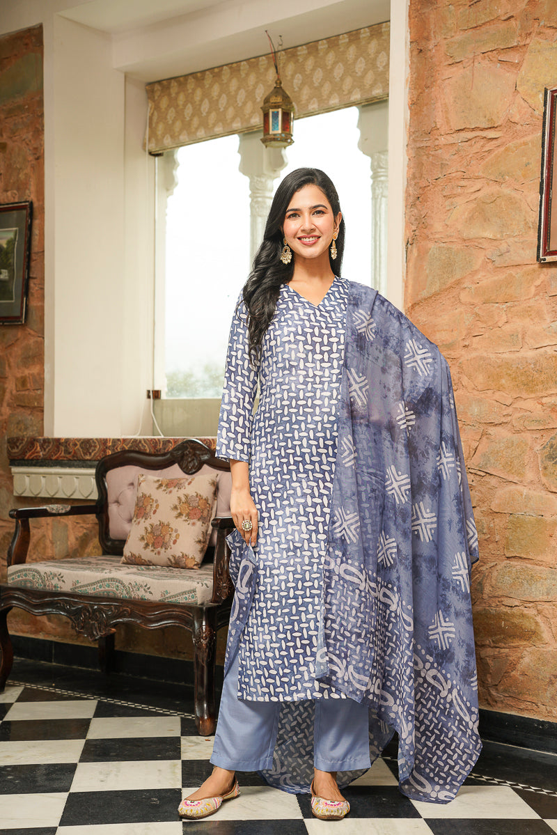 Blue Cotton Blend Batik Printed Straight Kurta Trousers With Dupatta VKSKD2395
