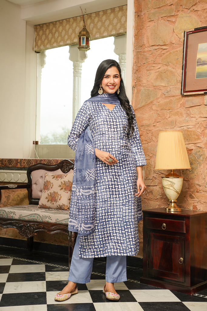 Blue Cotton Blend Batik Printed Straight Kurta Trousers With Dupatta VKSKD2395