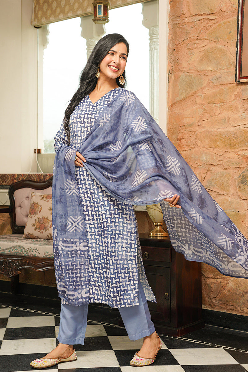 Blue Cotton Blend Batik Printed Straight Kurta Trousers With Dupatta VKSKD2395