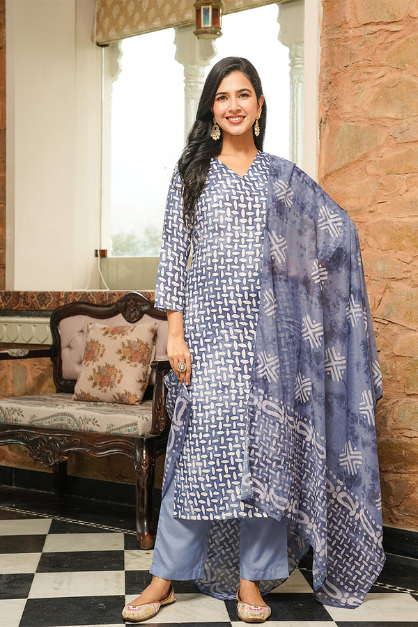 Blue Cotton Blend Batik Printed Straight Kurta Trousers With Dupatta VKSKD2395