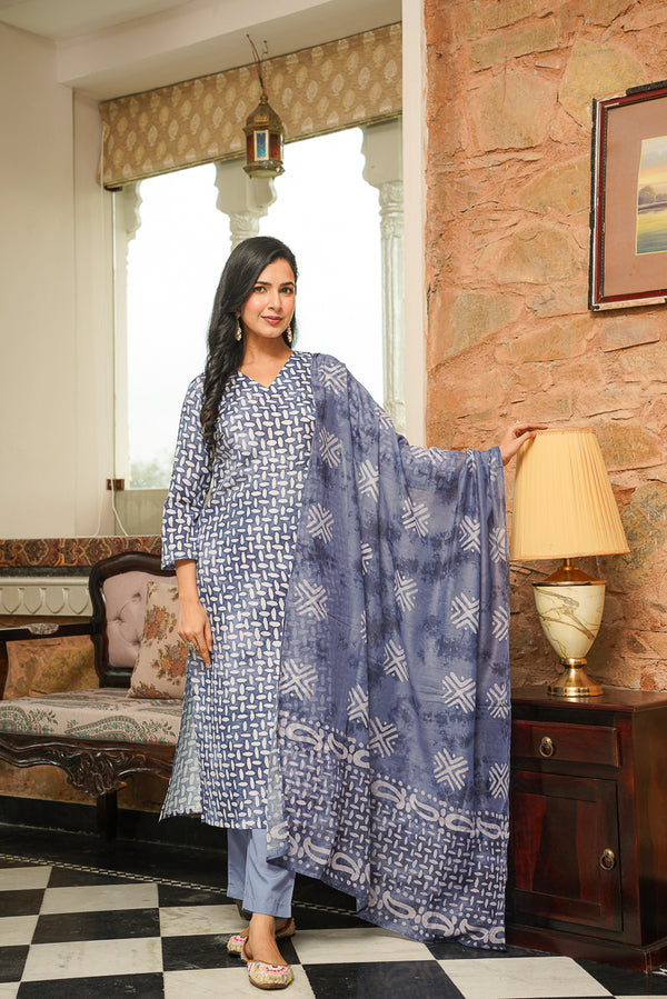 Blue Cotton Blend Batik Printed Straight Kurta Trousers With Dupatta VKSKD2395