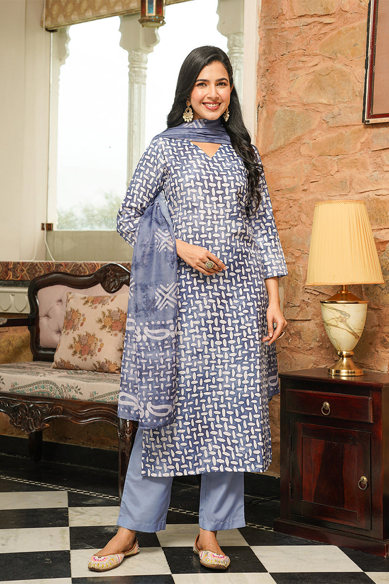 Blue Cotton Blend Batik Printed Straight Kurta Trousers With Dupatta VKSKD2395