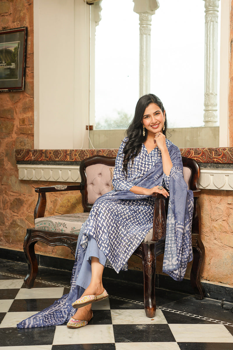 Blue Cotton Blend Batik Printed Straight Kurta Trousers With Dupatta VKSKD2395