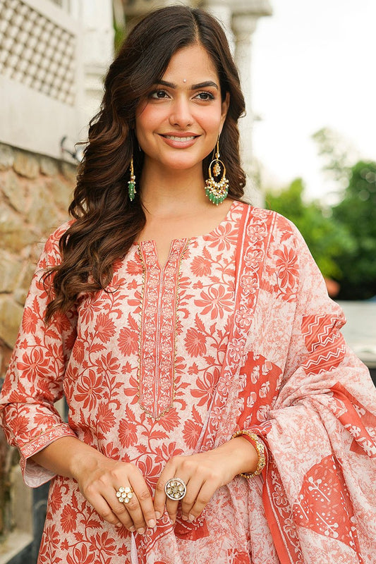 Orange Cotton Blend Floral Printed Straight Kurta Trousers With Dupatta VKSKD2396