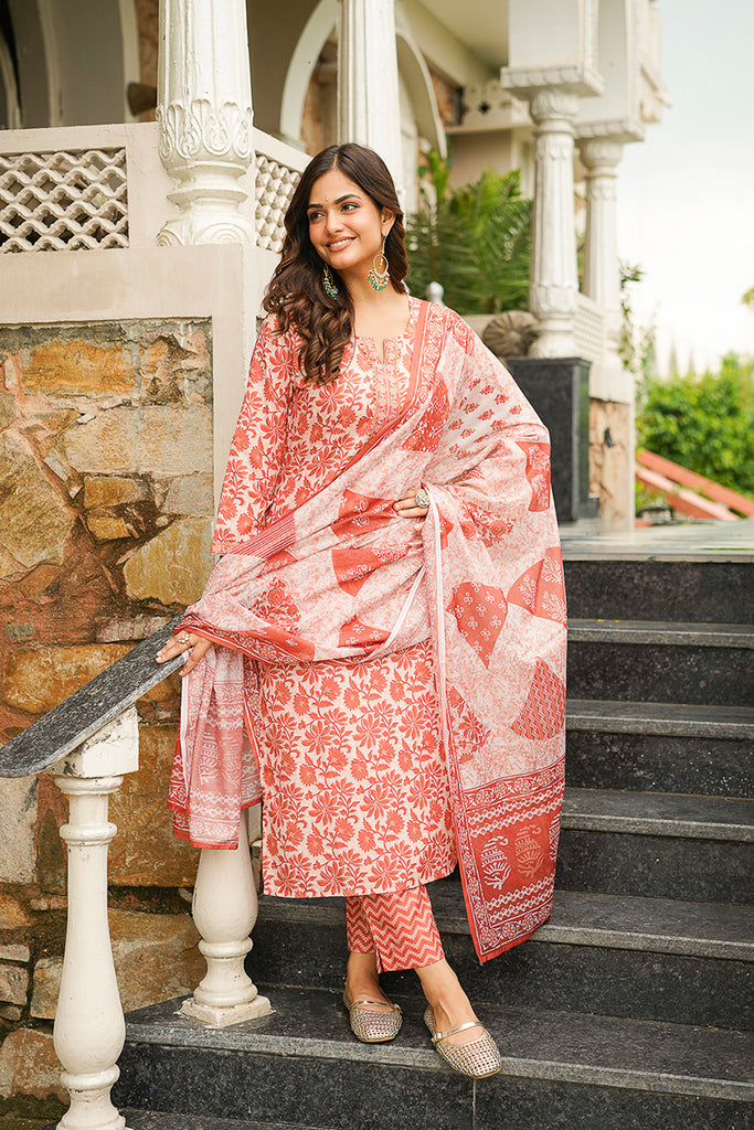 Orange Cotton Blend Floral Printed Straight Kurta Trousers With Dupatta VKSKD2396