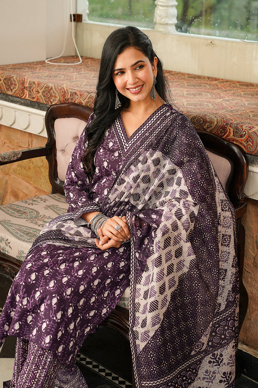 Purple Cotton Blend Ethnic Motifs Printed Straight Kurta Trousers With Dupatta VKSKD2397