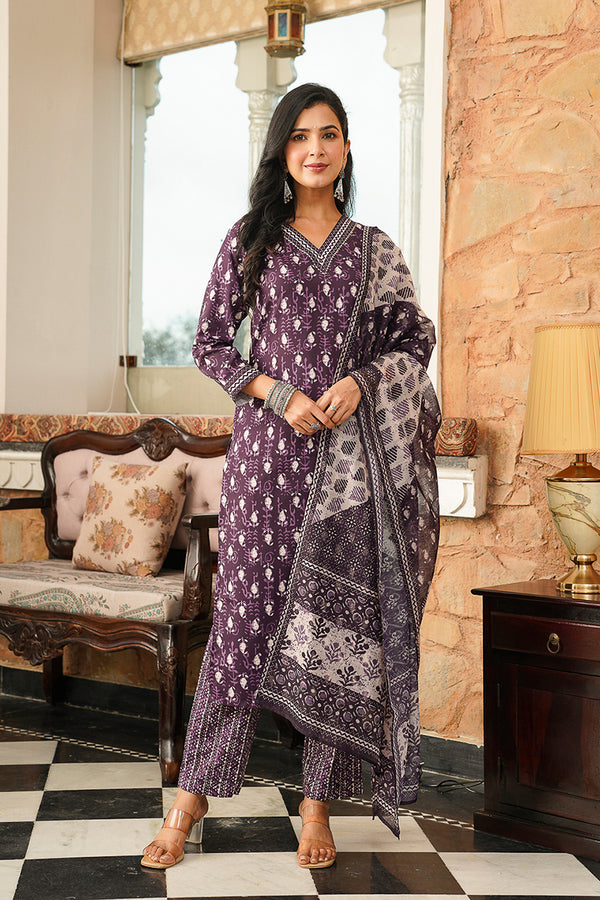 Purple Cotton Blend Ethnic Motifs Printed Straight Kurta Trousers With Dupatta VKSKD2397