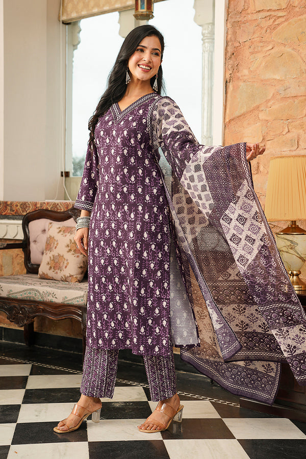 Purple Cotton Blend Ethnic Motifs Printed Straight Kurta Trousers With Dupatta VKSKD2397