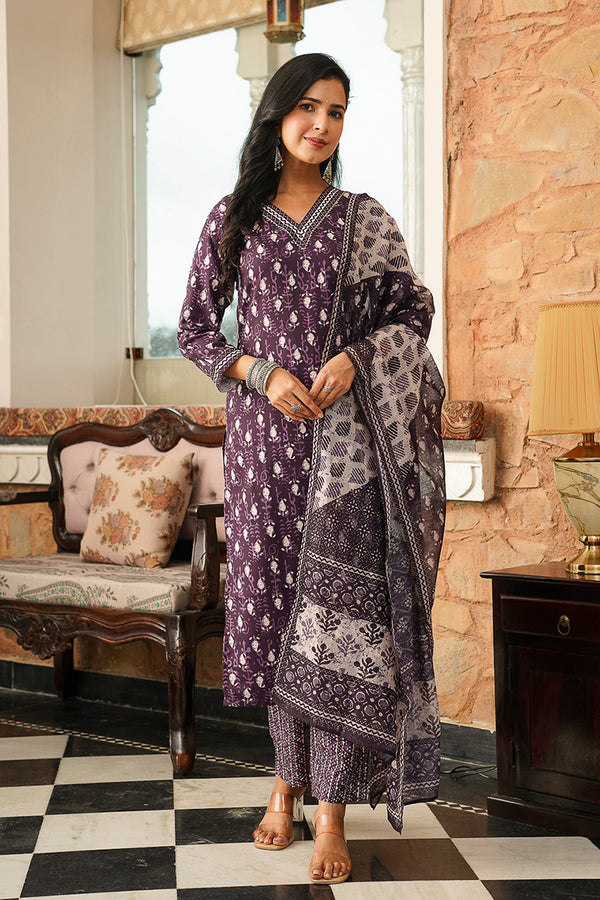Purple Cotton Blend Ethnic Motifs Printed Straight Kurta Trousers With Dupatta VKSKD2397