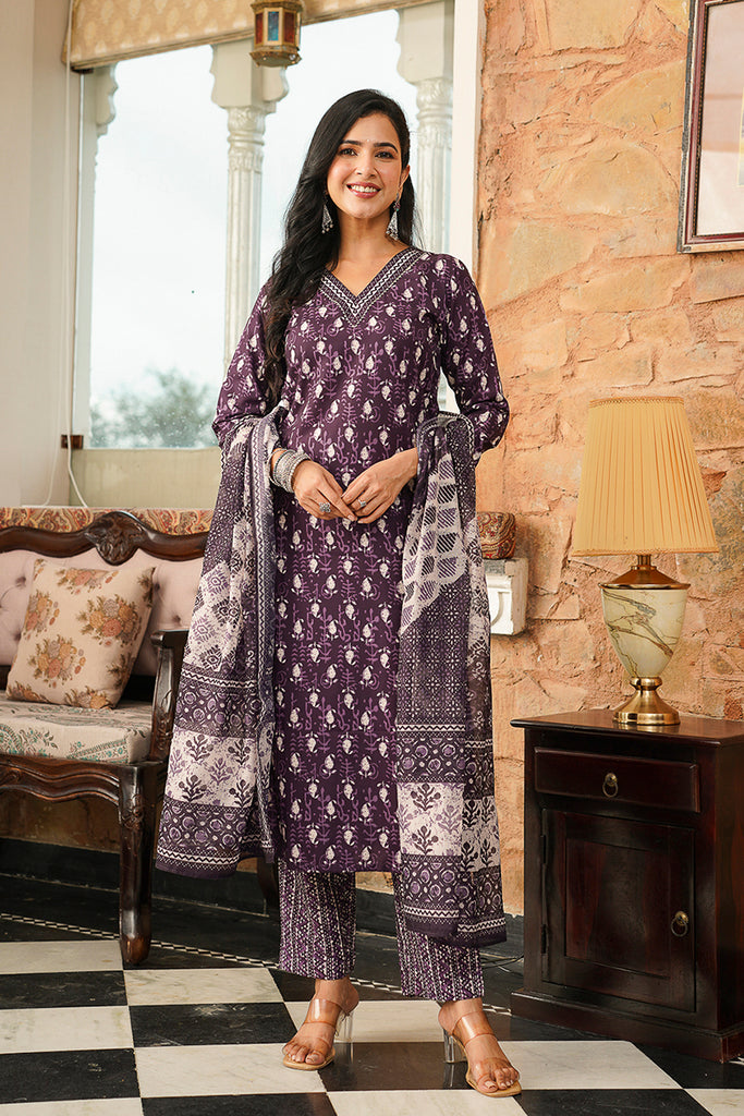 Purple Cotton Blend Ethnic Motifs Printed Straight Kurta Trousers With Dupatta VKSKD2397