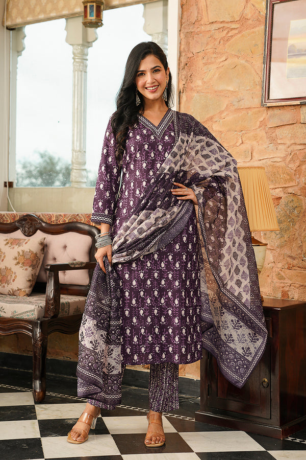 Purple Cotton Blend Ethnic Motifs Printed Straight Kurta Trousers With Dupatta VKSKD2397