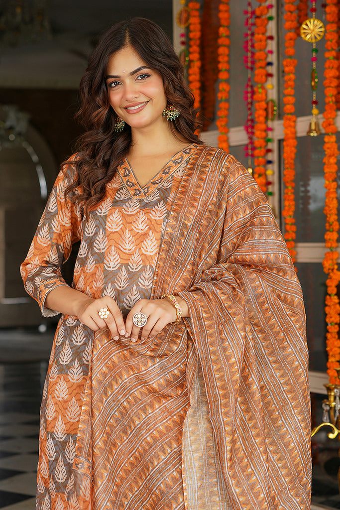 Multicolor Cotton Blend Ethnic Motifs Printed Straight Kurta Trousers With Dupatta VKSKD2398