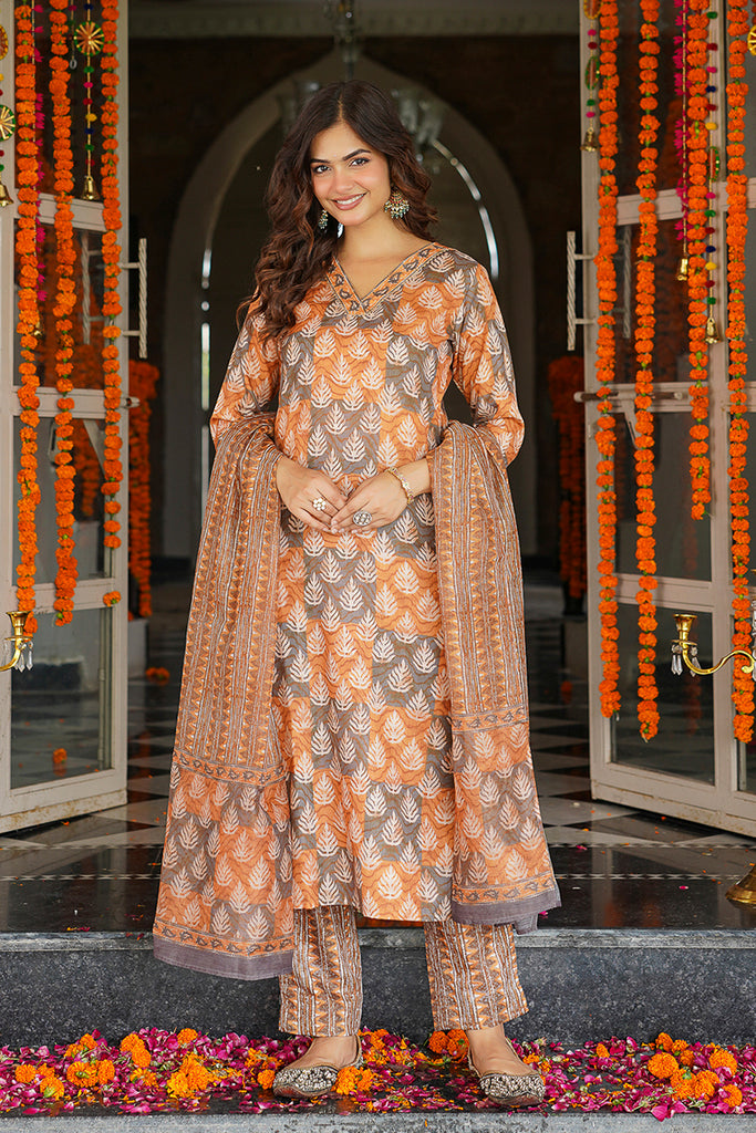 Multicolor Cotton Blend Ethnic Motifs Printed Straight Kurta Trousers With Dupatta VKSKD2398