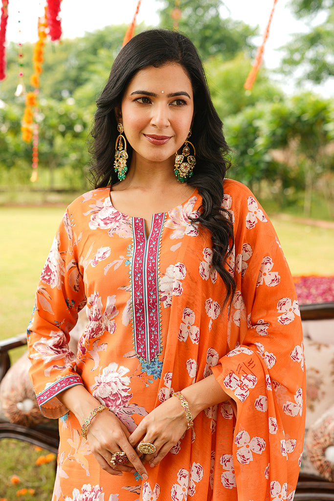 Orange Cotton Blend Floral Printed Straight Kurta Trousers With Dupatta VKSKD2399