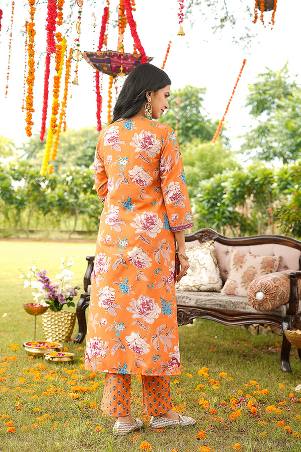 Orange Cotton Blend Floral Printed Straight Kurta Trousers With Dupatta VKSKD2399