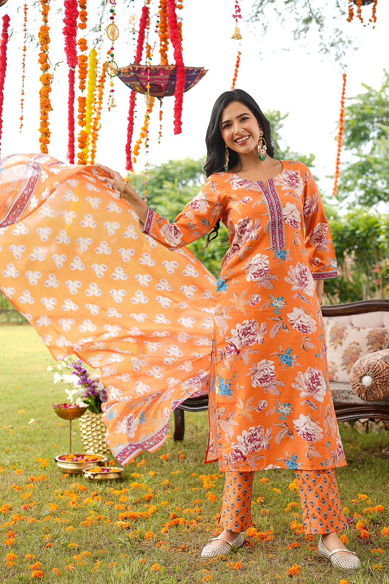 Orange Cotton Blend Floral Printed Straight Kurta Trousers With Dupatta VKSKD2399