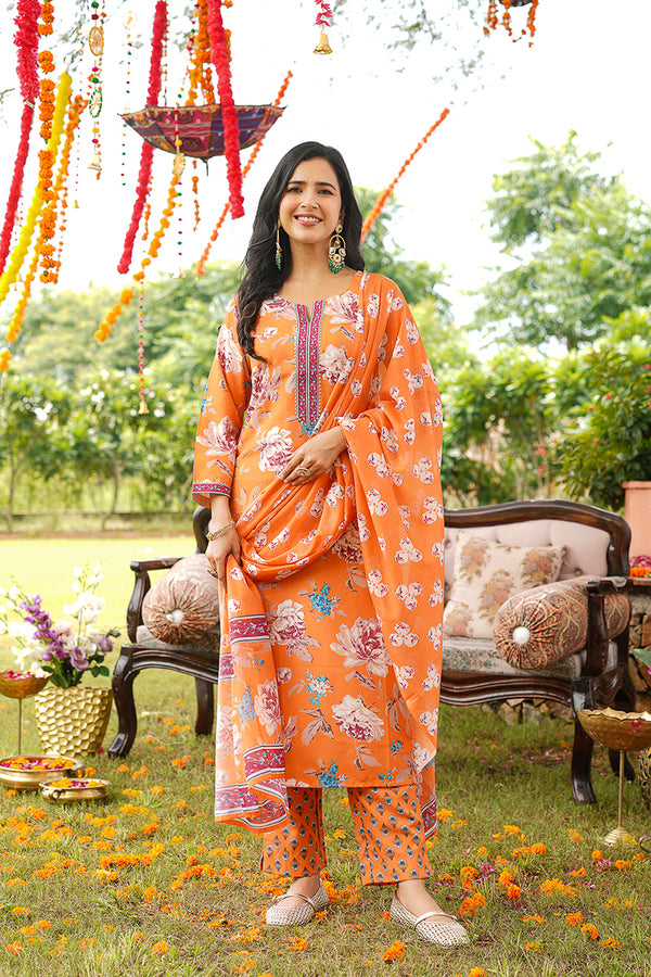Orange Cotton Blend Floral Printed Straight Kurta Trousers With Dupatta VKSKD2399