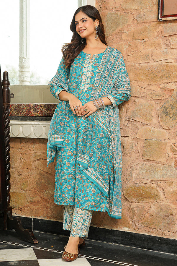 Turquoise Blue Coton Blend Printed Straight Kurta Trousers With Dupatta VKSKD2400