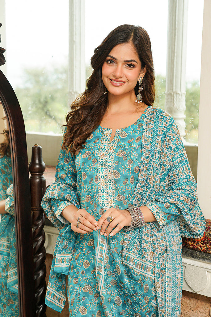 Turquoise Blue Coton Blend Printed Straight Kurta Trousers With Dupatta VKSKD2400