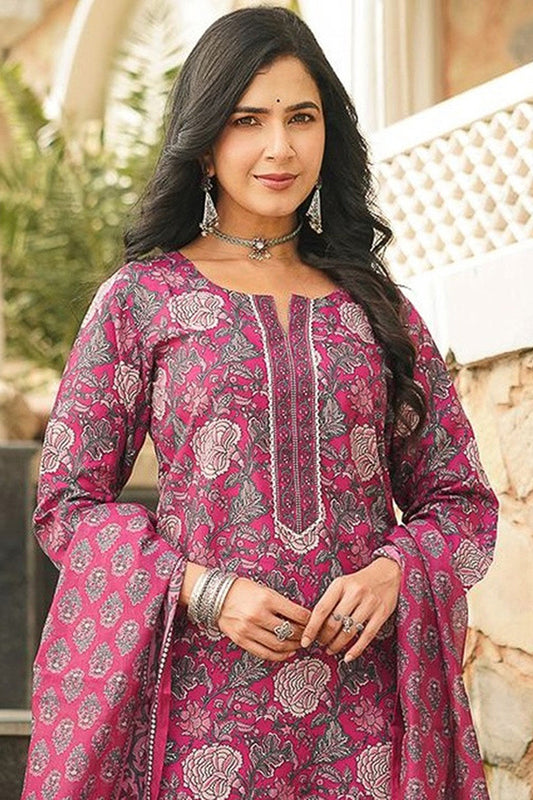 Pink Cotton Blend Floral Printed Straight Kurta Trousers With Dupatta VKSKD2401