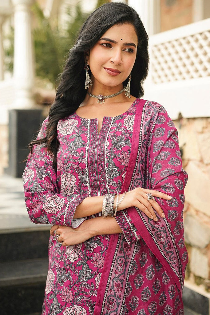 Pink Cotton Blend Floral Printed Straight Kurta Trousers With Dupatta VKSKD2401