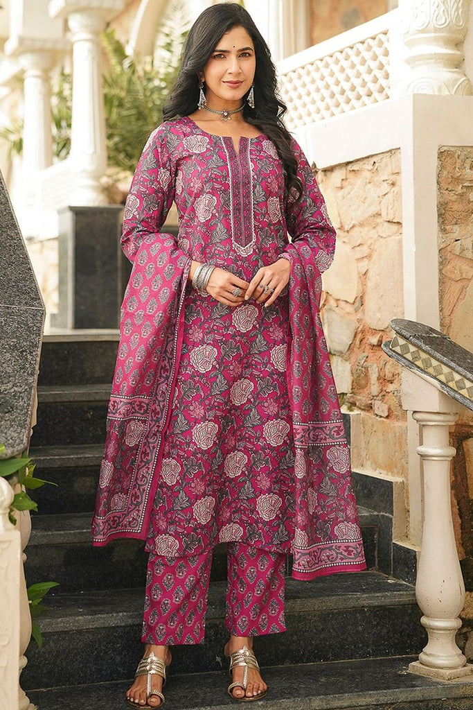 Pink Cotton Blend Floral Printed Straight Kurta Trousers With Dupatta VKSKD2401